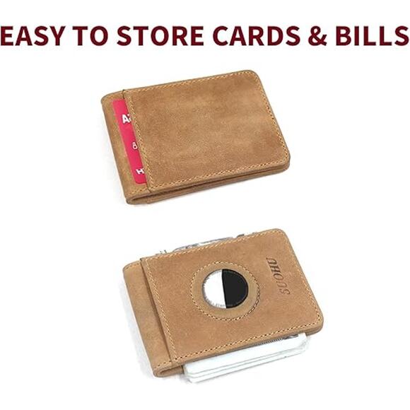 Tan Leather Slim Wallet with AirTag Holder – Minimalist RFID Blocking Card Case - Picture 2 of 5